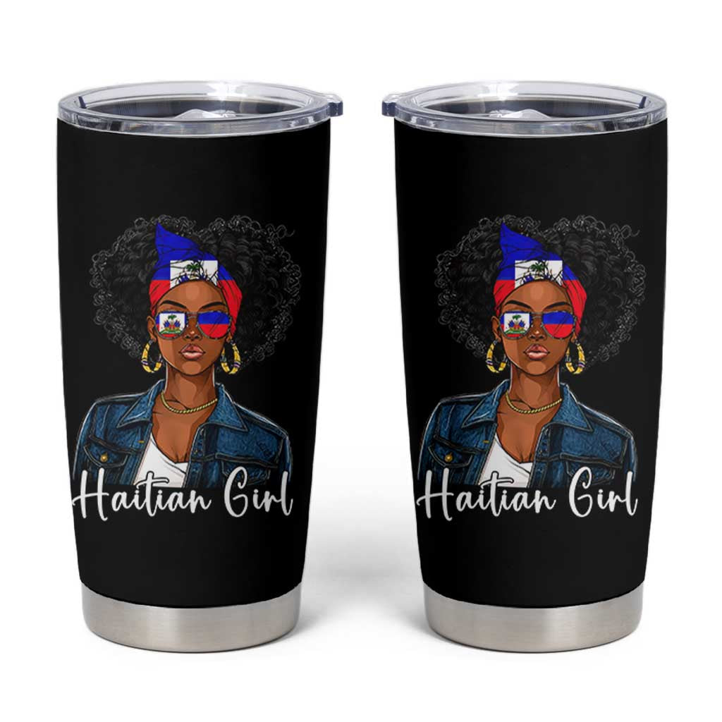 Proud Haitian Afro Girl in Denim Jacket Style Graphic Tumbler Cup Haiti Heritage Pride