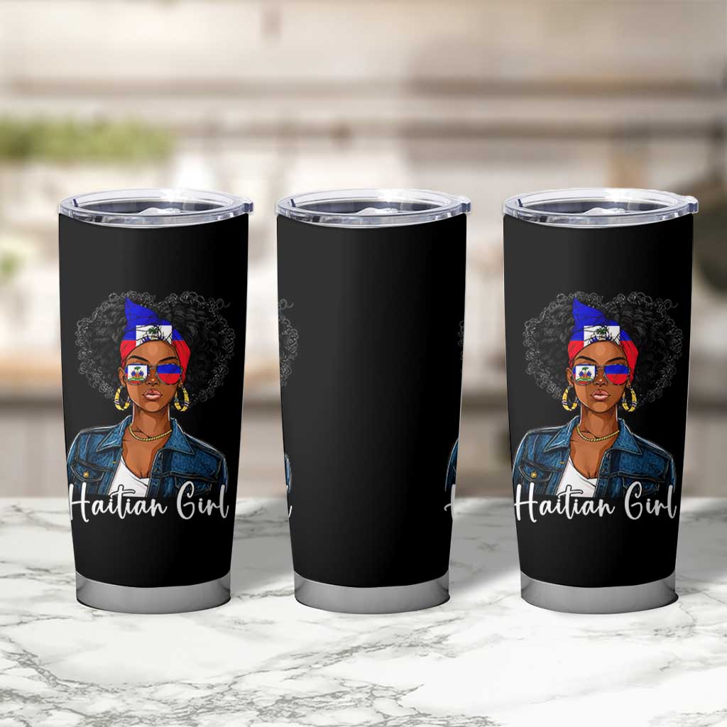 Proud Haitian Afro Girl in Denim Jacket Style Graphic Tumbler Cup Haiti Heritage Pride