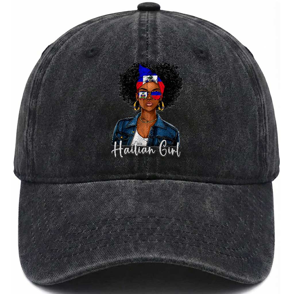 Proud Haitian Afro Girl in Denim Jacket Style Graphic Washed Cotton Baseball Cap Haiti Heritage Pride