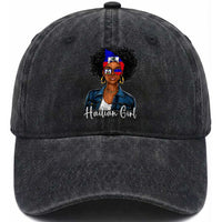 Proud Haitian Afro Girl in Denim Jacket Style Graphic Washed Cotton Baseball Cap Haiti Heritage Pride