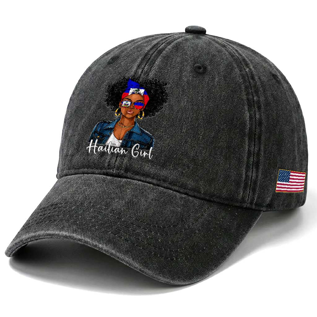 Proud Haitian Afro Girl in Denim Jacket Style Graphic Washed Cotton Baseball Cap Haiti Heritage Pride