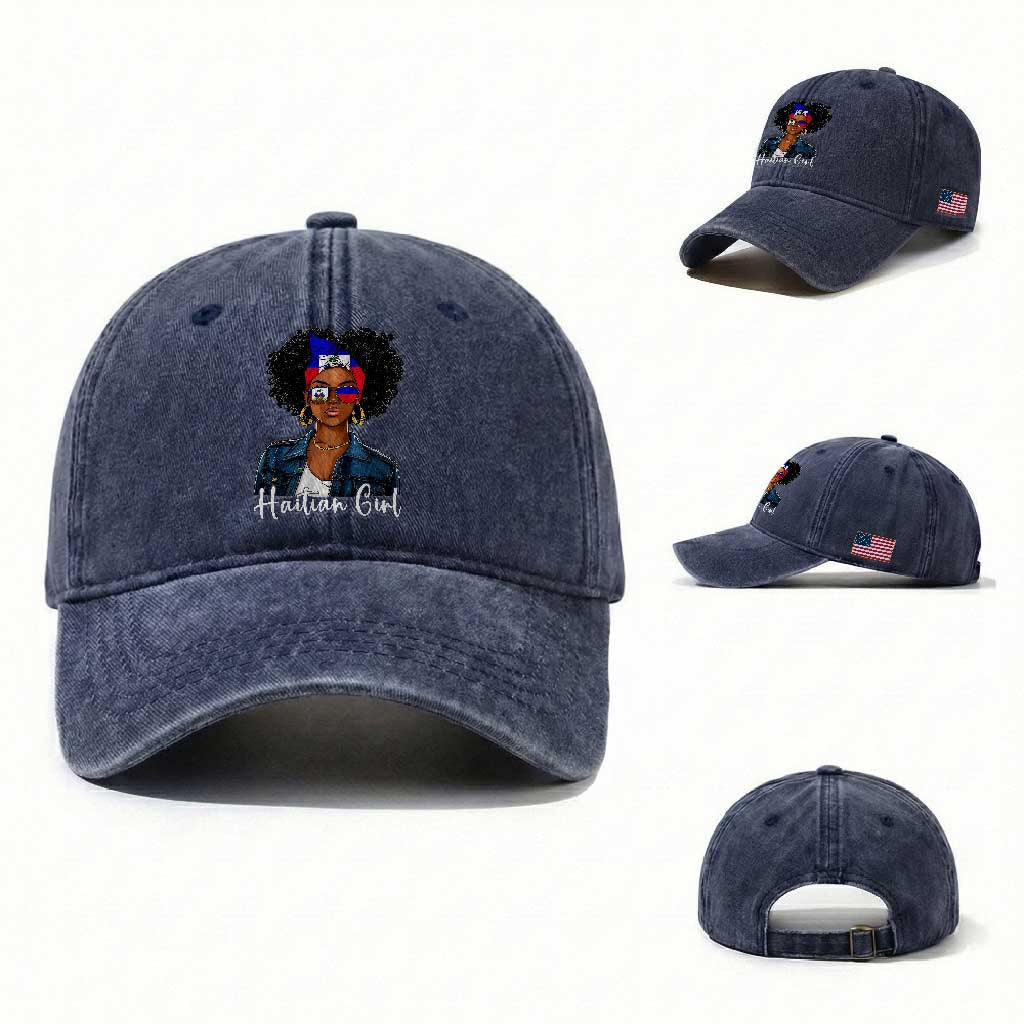 Proud Haitian Afro Girl in Denim Jacket Style Graphic Washed Cotton Baseball Cap Haiti Heritage Pride
