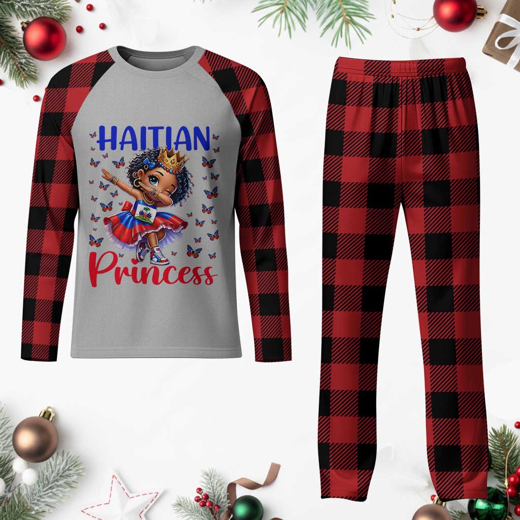 Cute Dabbing Haitian Princess Kids Graphic Plaid Pajama Set Haiti Heritage Pride