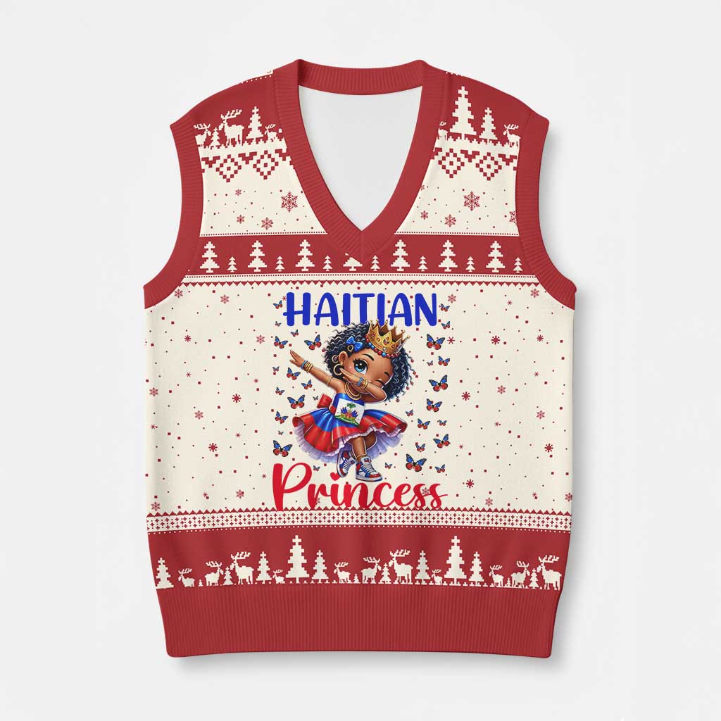 Cute Dabbing Haitian Princess Kids Graphic V-Neck Knit Sweater Vest Haiti Heritage Pride