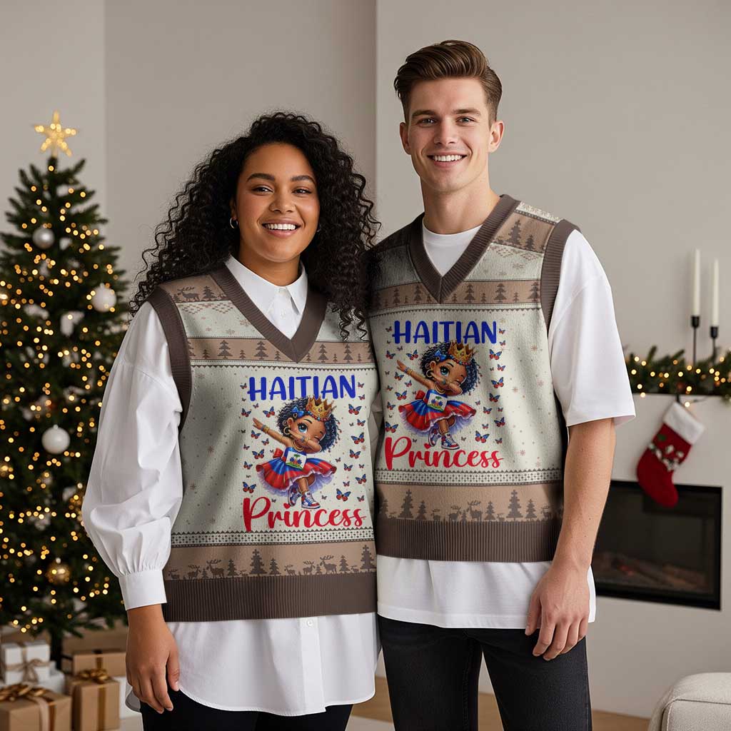 Cute Dabbing Haitian Princess Kids Graphic V-Neck Knit Sweater Vest Haiti Heritage Pride