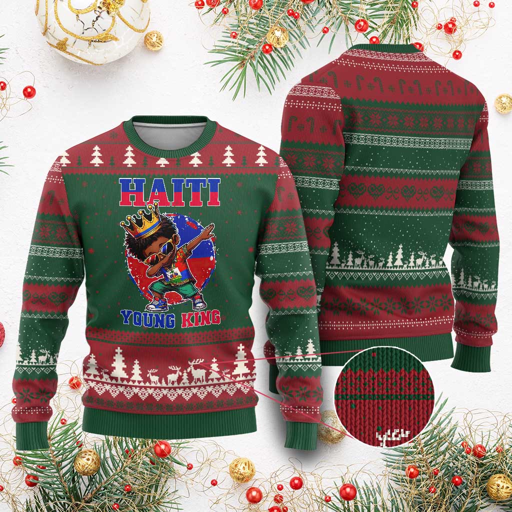 Haiti Young King Dabbing Boy Kids Graphic Ugly Christmas Sweater Haitian Heritage Pride