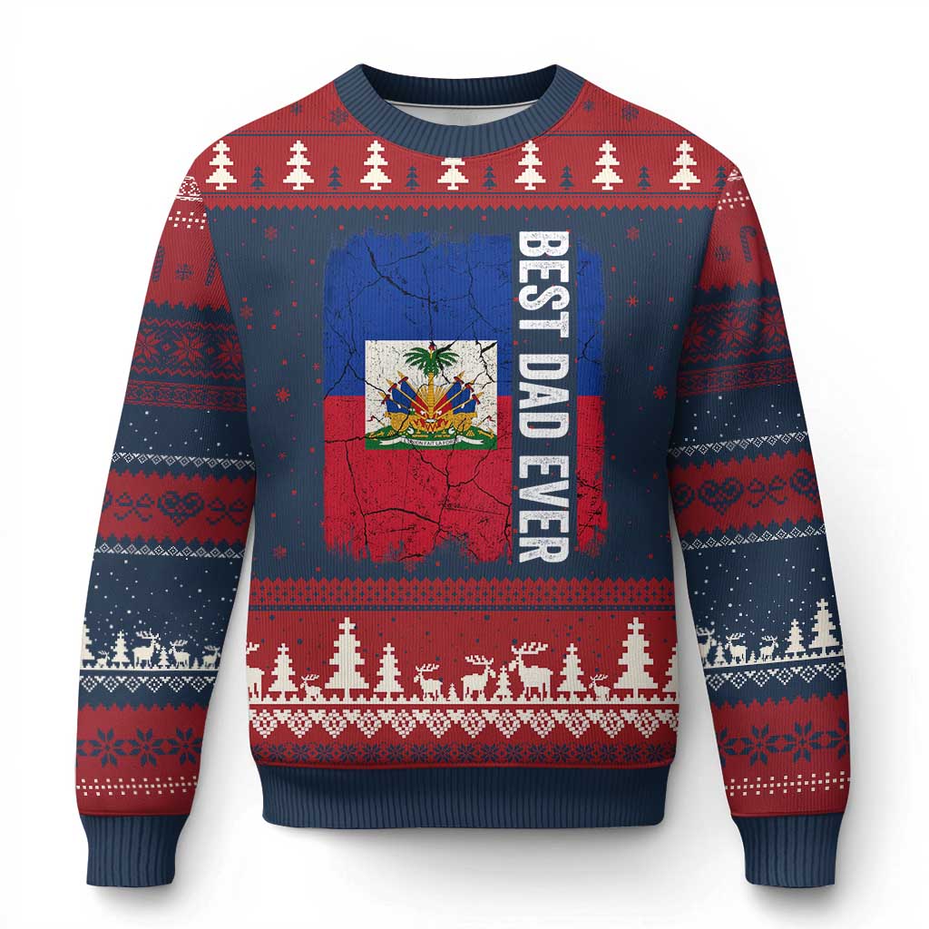 Best Dad Ever Haitian Papa Ugly Christmas Sweater Vintage Distressed Haiti Flag Father's Day