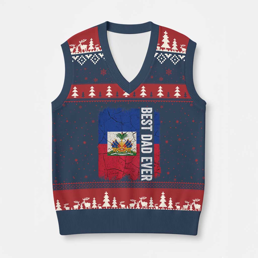 Best Dad Ever Haitian Papa V-Neck Knit Sweater Vest Vintage Distressed Haiti Flag Father's Day