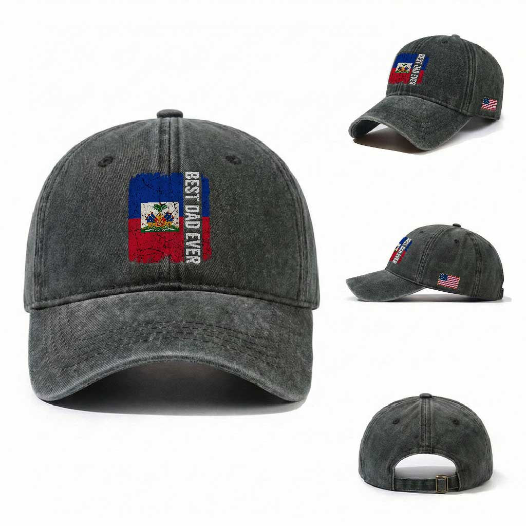 Best Dad Ever Haitian Papa Washed Cotton Baseball Cap Vintage Distressed Haiti Flag Father's Day