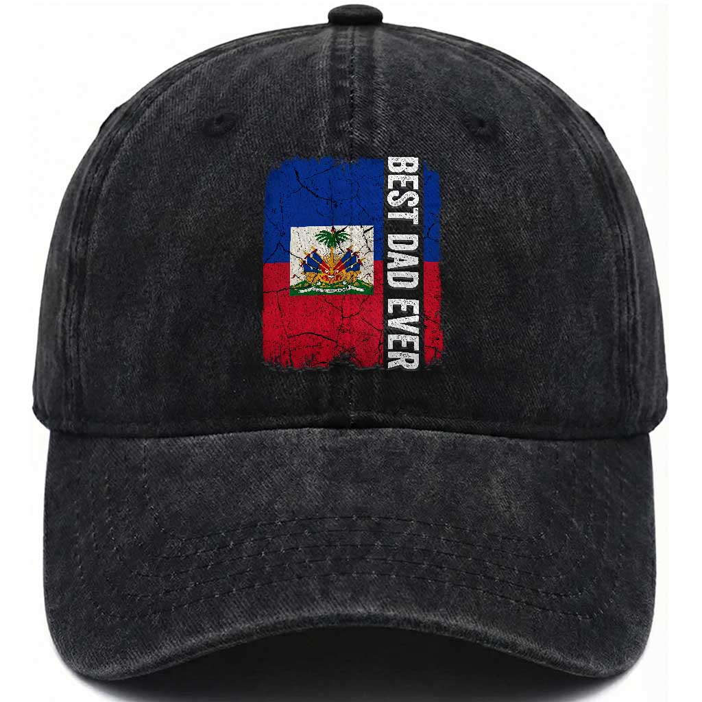 Best Dad Ever Haitian Papa Washed Cotton Baseball Cap Vintage Distressed Haiti Flag Father's Day