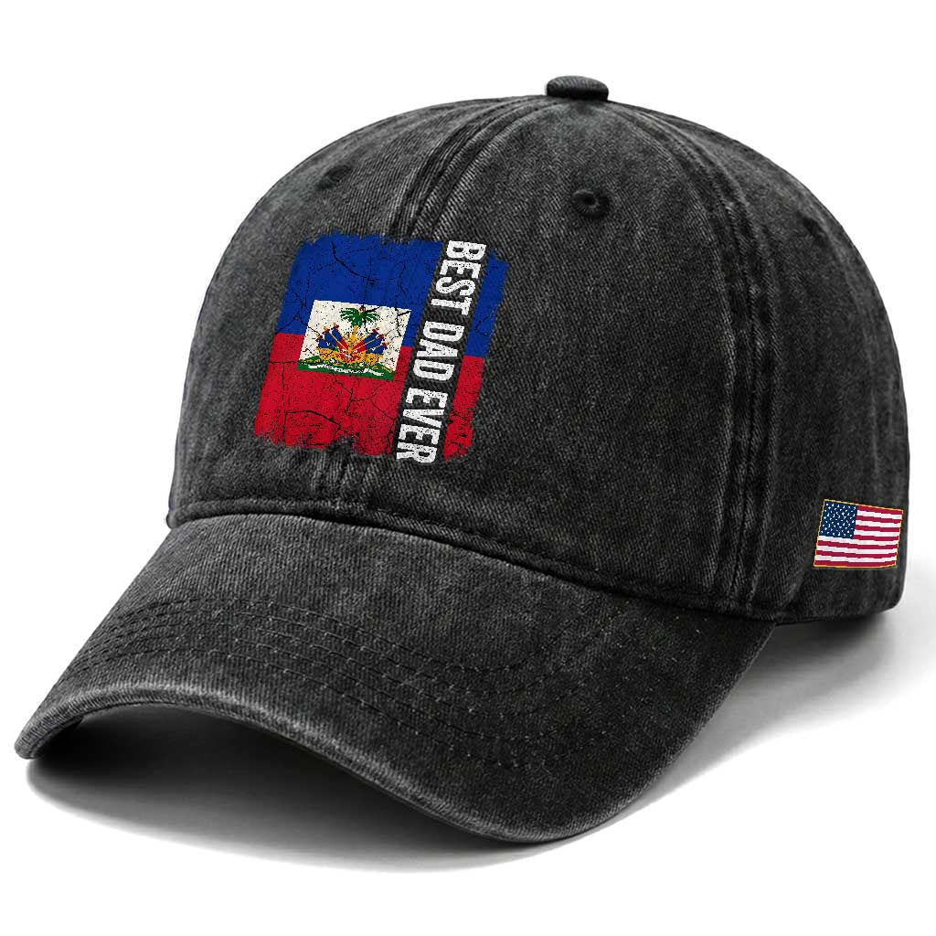 Best Dad Ever Haitian Papa Washed Cotton Baseball Cap Vintage Distressed Haiti Flag Father's Day