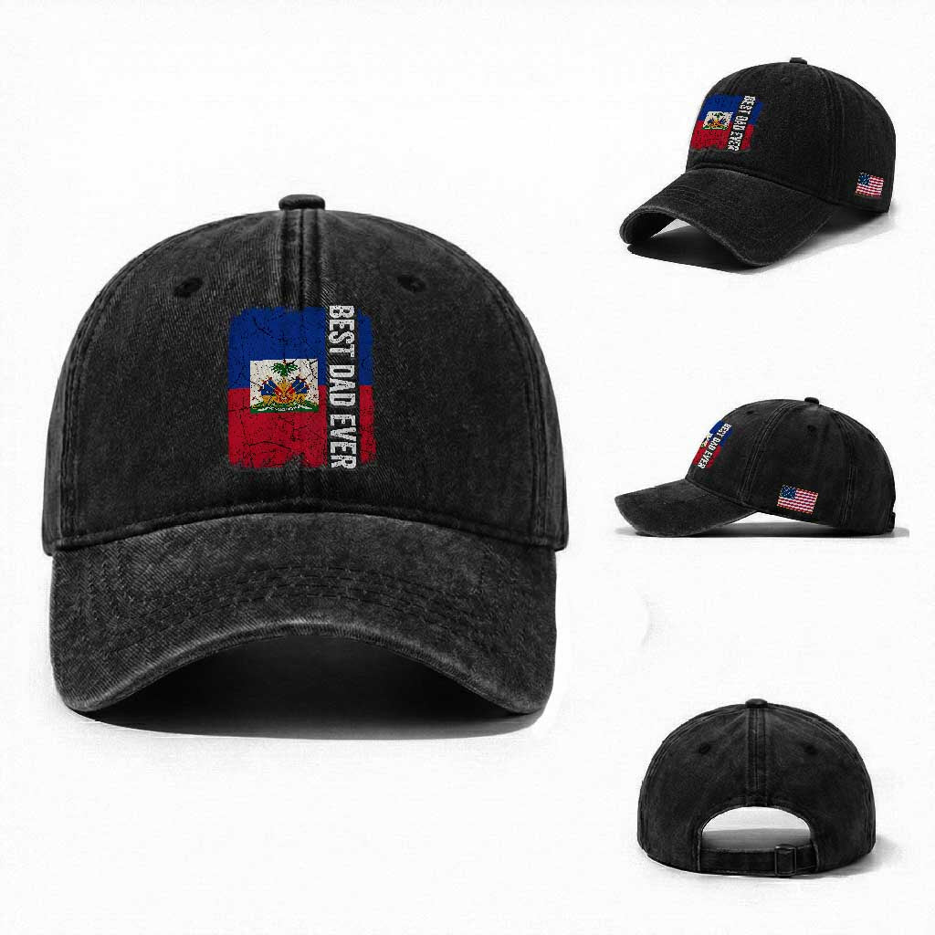 Best Dad Ever Haitian Papa Washed Cotton Baseball Cap Vintage Distressed Haiti Flag Father's Day