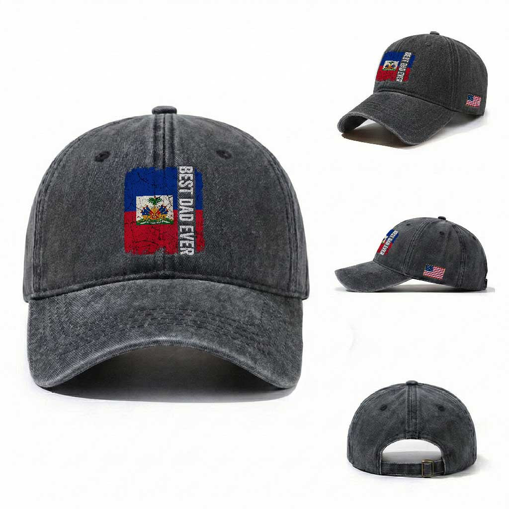 Best Dad Ever Haitian Papa Washed Cotton Baseball Cap Vintage Distressed Haiti Flag Father's Day