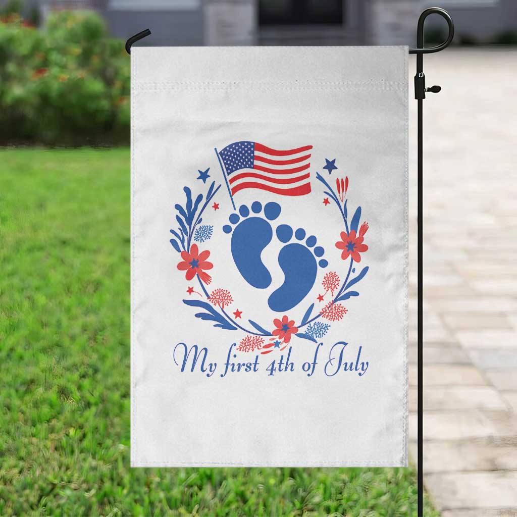 My First 4th of July Patriotic Cute Baby Footprints Garden Flag American Flag Wreath America Holiday Milestone