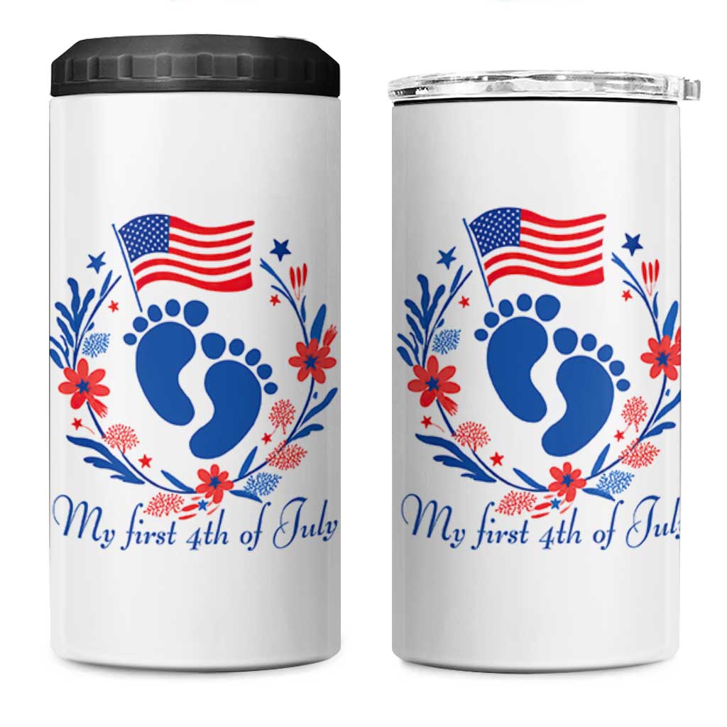 My First 4th of July Patriotic Cute Baby Footprints 4 in 1 Can Cooler Tumbler American Flag Wreath America Holiday Milestone