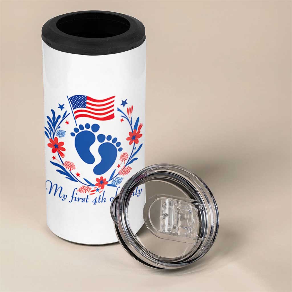 My First 4th of July Patriotic Cute Baby Footprints 4 in 1 Can Cooler Tumbler American Flag Wreath America Holiday Milestone