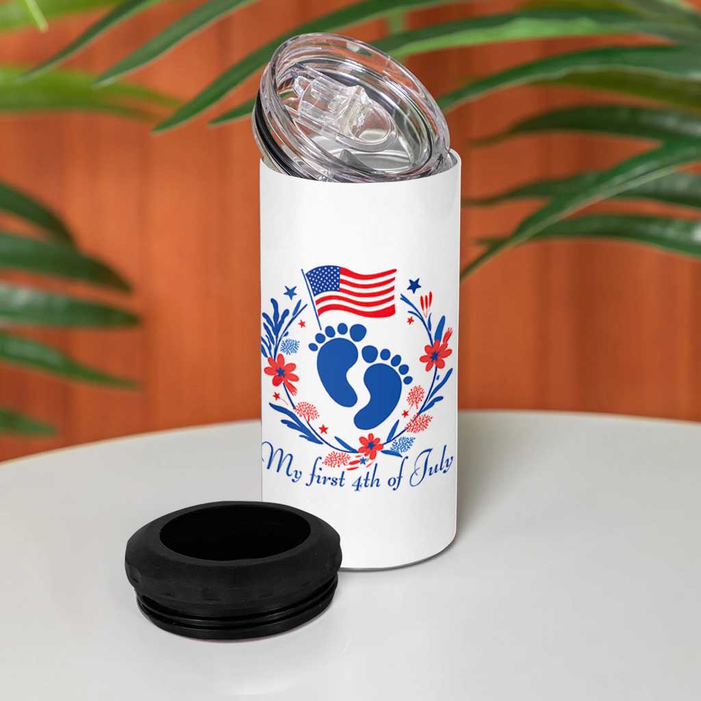 My First 4th of July Patriotic Cute Baby Footprints 4 in 1 Can Cooler Tumbler American Flag Wreath America Holiday Milestone