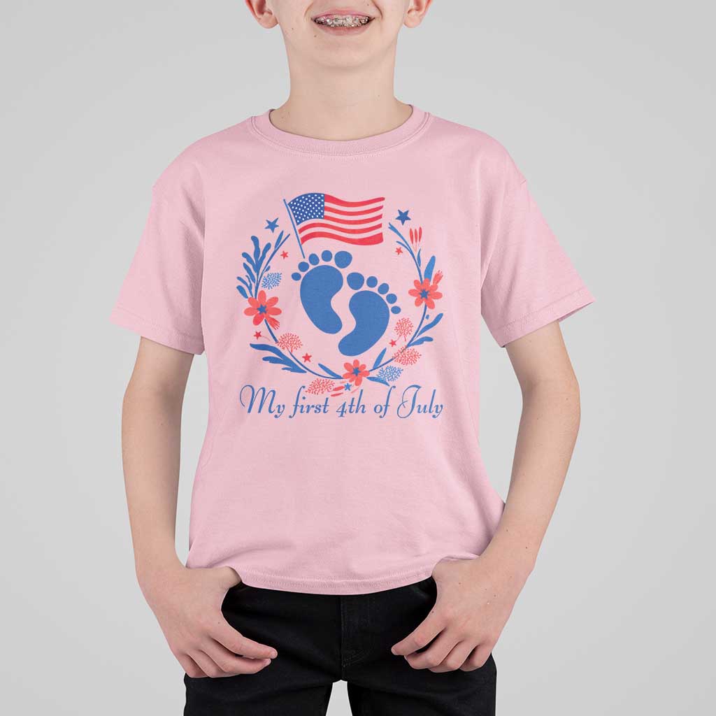 My First 4th of July Patriotic Cute Baby Footprints T Shirt For Kid American Flag Wreath America Holiday Milestone