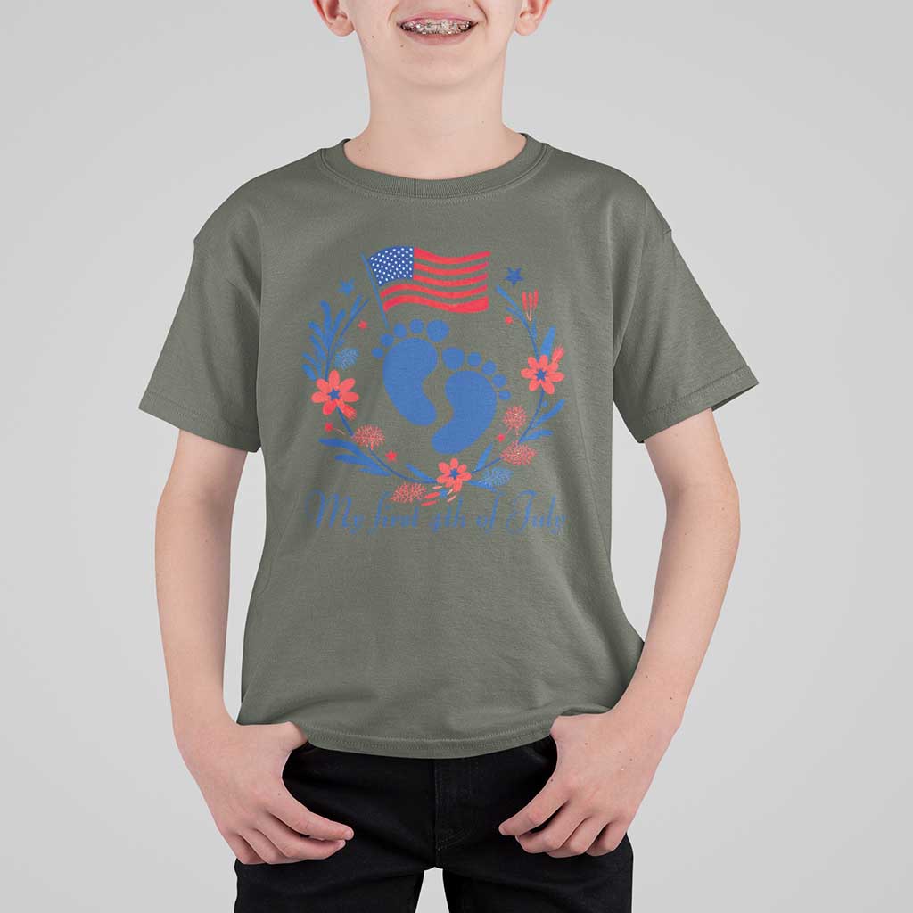 My First 4th of July Patriotic Cute Baby Footprints T Shirt For Kid American Flag Wreath America Holiday Milestone