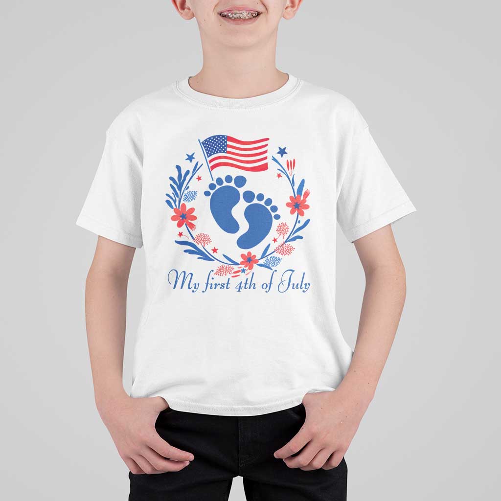My First 4th of July Patriotic Cute Baby Footprints T Shirt For Kid American Flag Wreath America Holiday Milestone