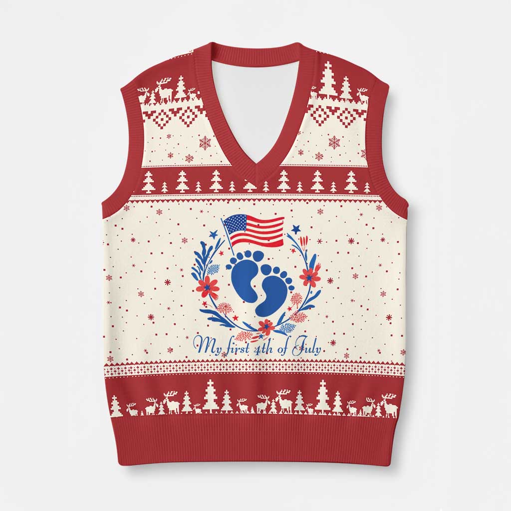 My First 4th of July Patriotic Cute Baby Footprints V-Neck Knit Sweater Vest American Flag Wreath America Holiday Milestone