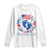 My First 4th of July Patriotic Cute Baby Footprints Long Sleeve Shirt American Flag Wreath America Holiday Milestone