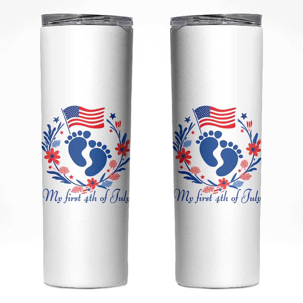 My First 4th of July Patriotic Cute Baby Footprints Skinny Tumbler American Flag Wreath America Holiday Milestone