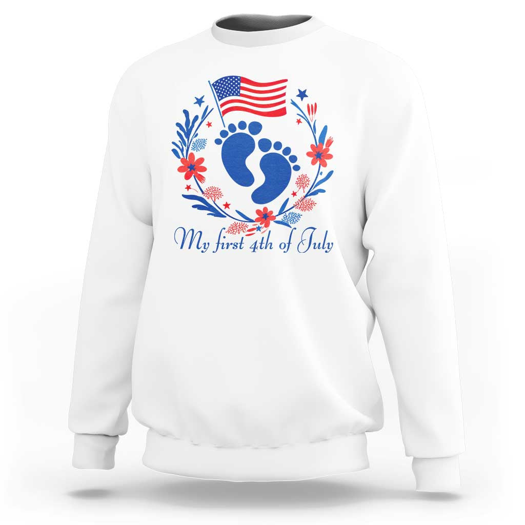 My First 4th of July Patriotic Cute Baby Footprints Sweatshirt American Flag Wreath America Holiday Milestone