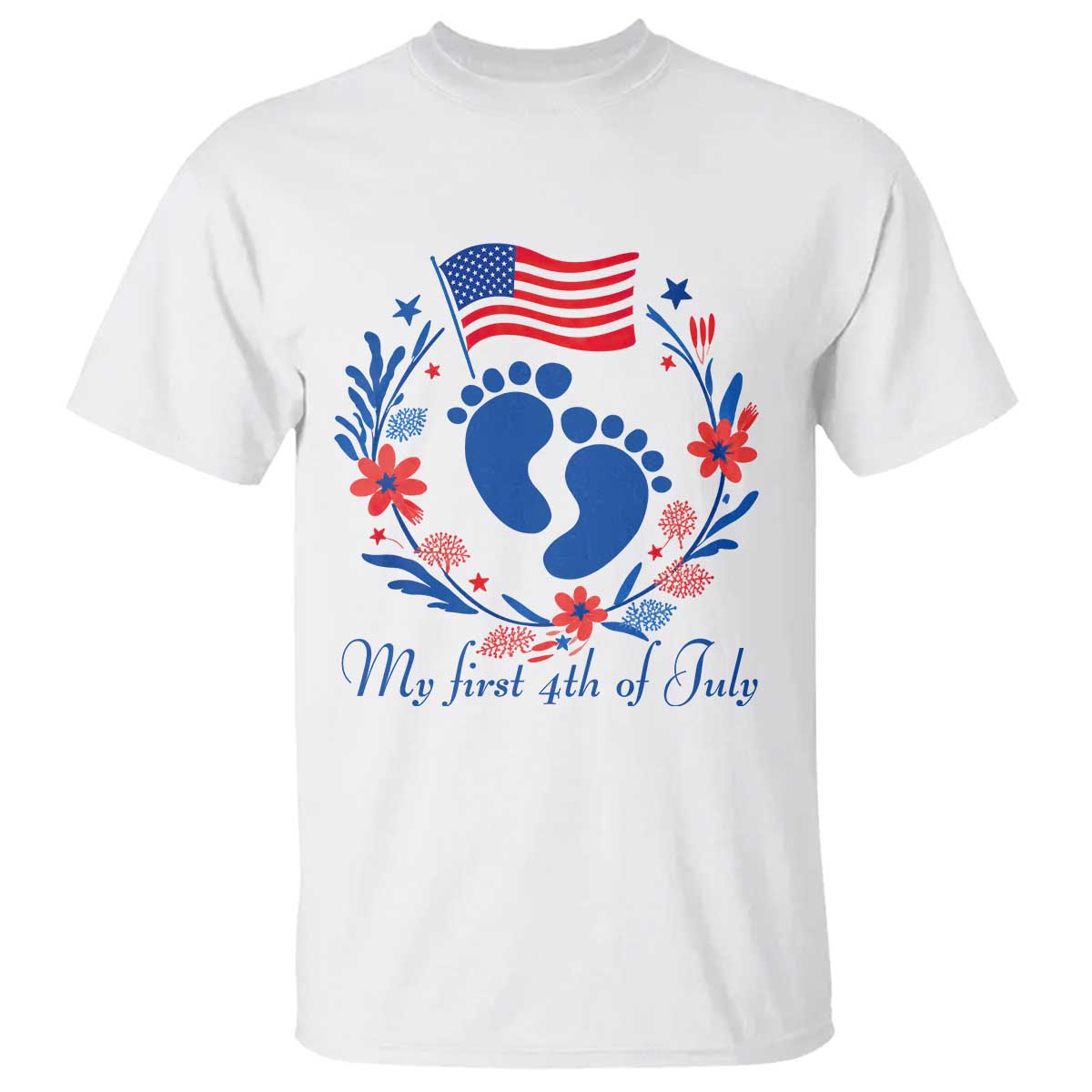 My First 4th of July Patriotic Cute Baby Footprints T Shirt American Flag Wreath America Holiday Milestone