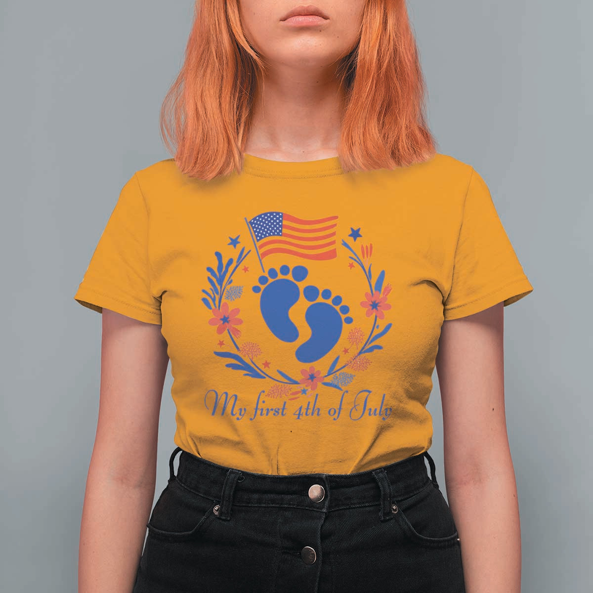 My First 4th of July Patriotic Cute Baby Footprints T Shirt For Women American Flag Wreath America Holiday Milestone