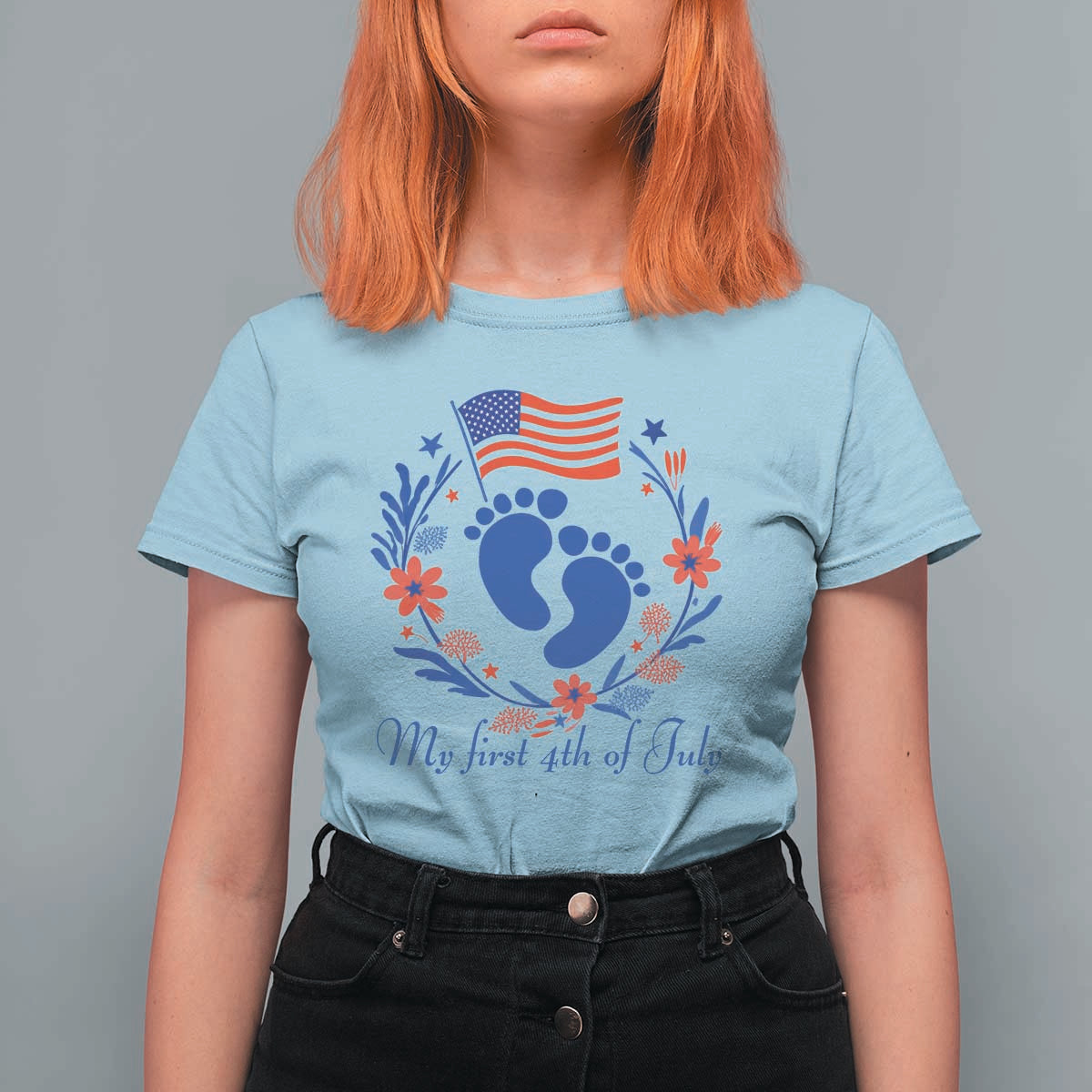 My First 4th of July Patriotic Cute Baby Footprints T Shirt For Women American Flag Wreath America Holiday Milestone