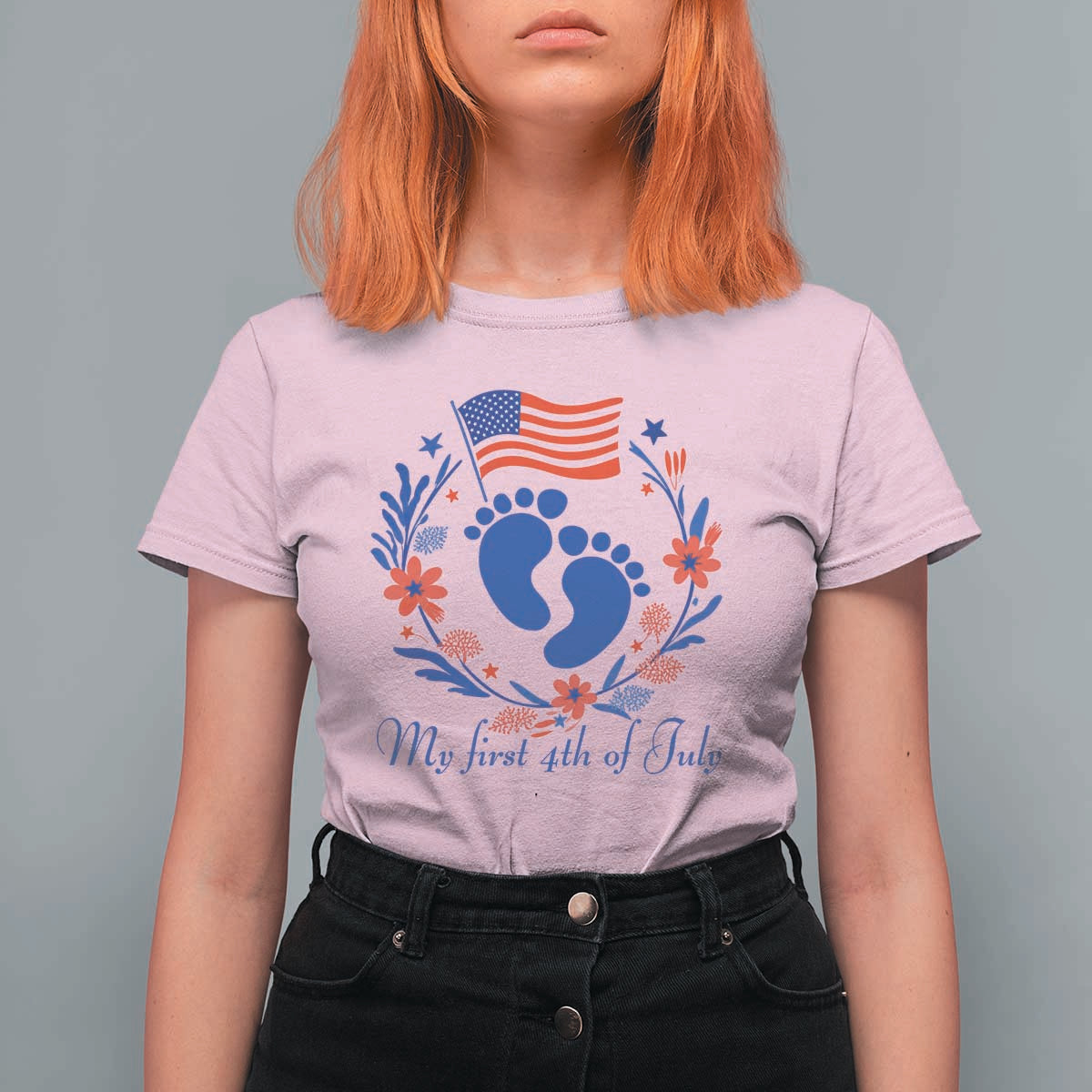 My First 4th of July Patriotic Cute Baby Footprints T Shirt For Women American Flag Wreath America Holiday Milestone