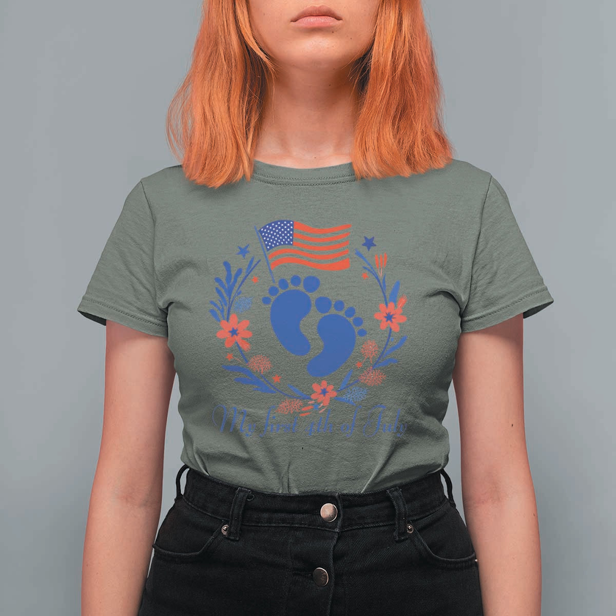 My First 4th of July Patriotic Cute Baby Footprints T Shirt For Women American Flag Wreath America Holiday Milestone