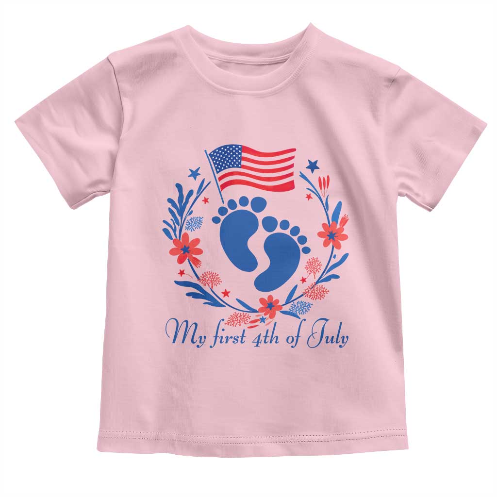 My First 4th of July Patriotic Cute Baby Footprints Toddler T Shirt American Flag Wreath America Holiday Milestone