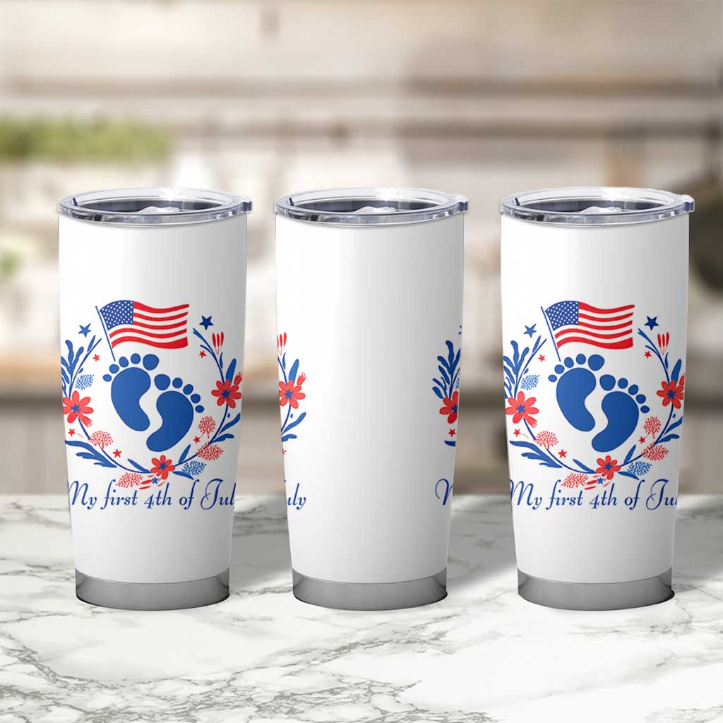 My First 4th of July Patriotic Cute Baby Footprints Tumbler Cup American Flag Wreath America Holiday Milestone