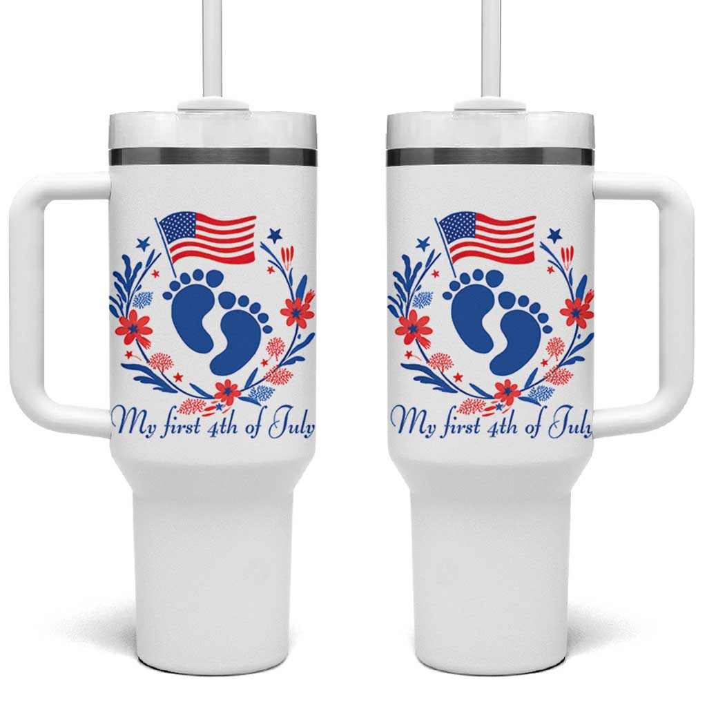 My First 4th of July Patriotic Cute Baby Footprints Tumbler With Handle American Flag Wreath America Holiday Milestone