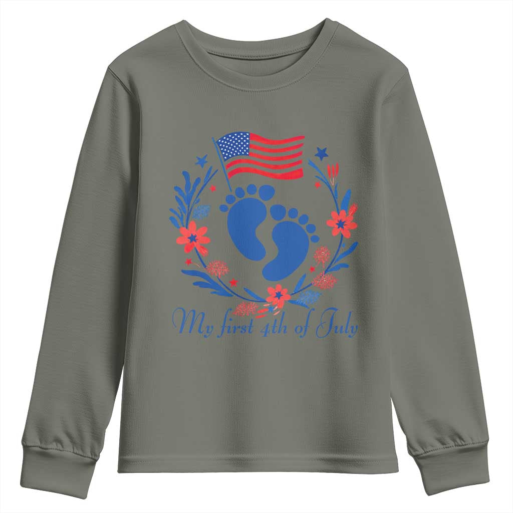 My First 4th of July Patriotic Cute Baby Footprints Youth Sweatshirt American Flag Wreath America Holiday Milestone