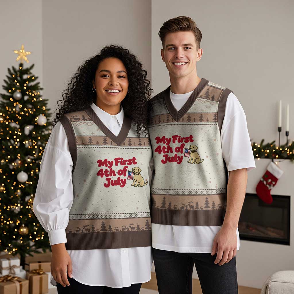 My First 4th of July Cute Golden Retriever Puppy Dog V-Neck Knit Sweater Vest American Flag Independence Holiday Milestone