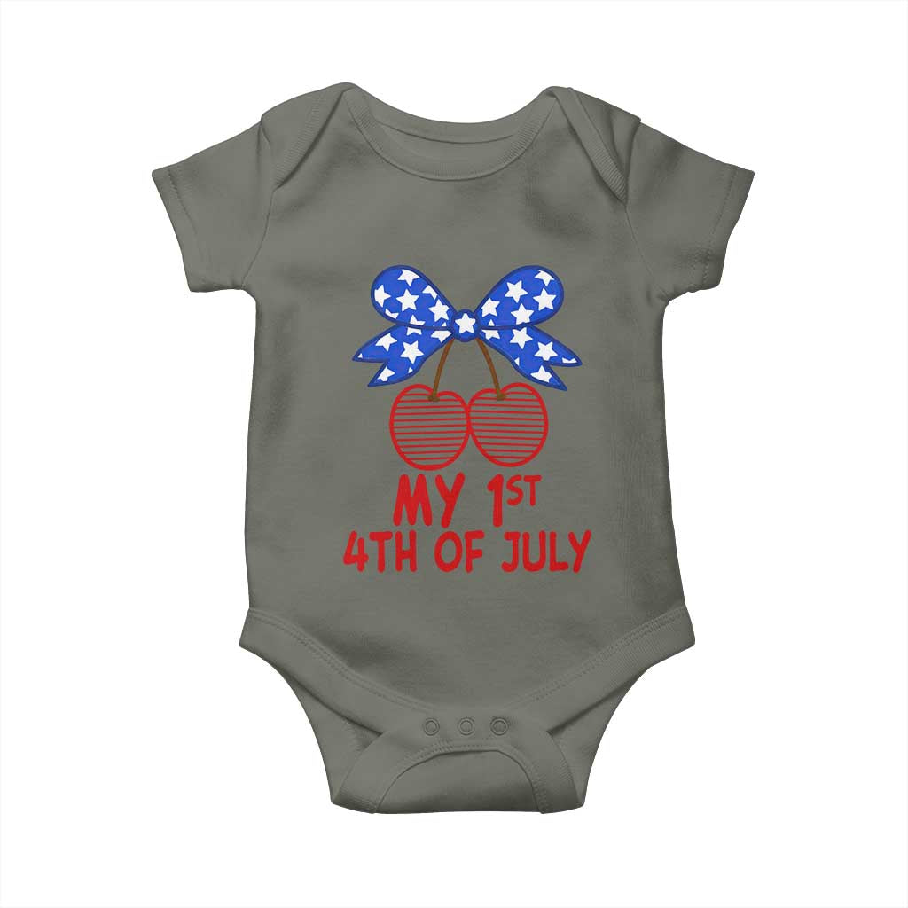 My 1st 4th of July Coquette Bow Striped Cherries Baby Onesie Preppy Patriotic Baby Girl Independence Holiday