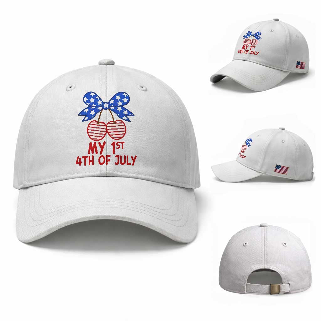 My 1st 4th of July Coquette Bow Striped Cherries Baseball Cap Preppy Patriotic Baby Girl Independence Holiday