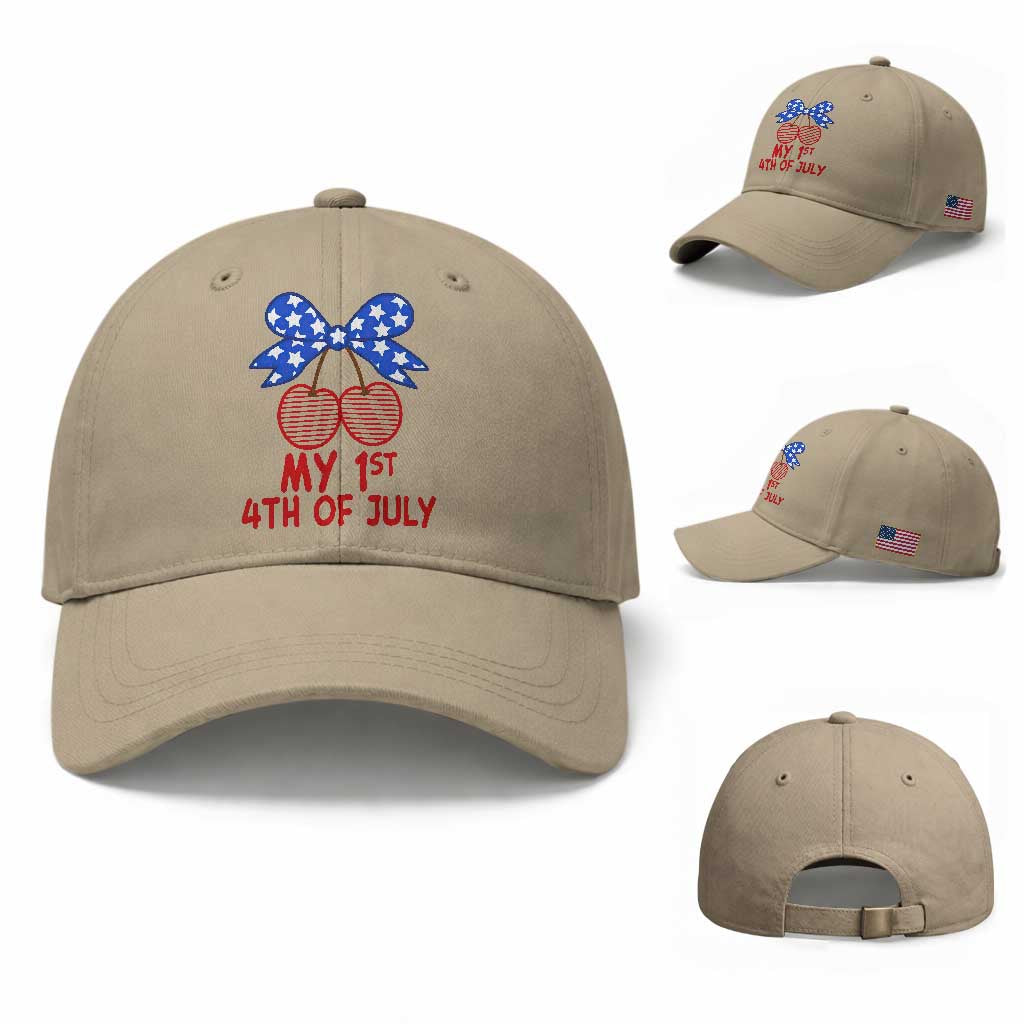 My 1st 4th of July Coquette Bow Striped Cherries Baseball Cap Preppy Patriotic Baby Girl Independence Holiday