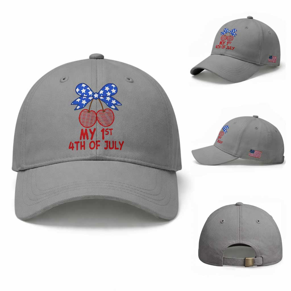 My 1st 4th of July Coquette Bow Striped Cherries Baseball Cap Preppy Patriotic Baby Girl Independence Holiday