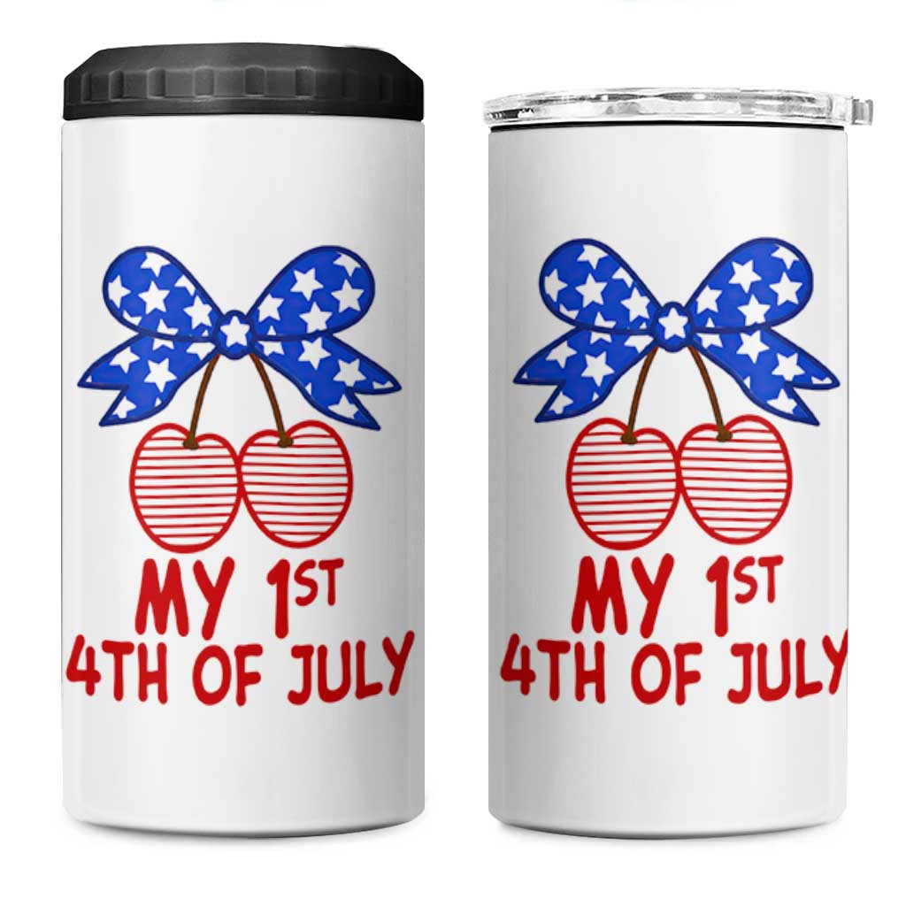My 1st 4th of July Coquette Bow Striped Cherries 4 in 1 Can Cooler Tumbler Preppy Patriotic Baby Girl Independence Holiday