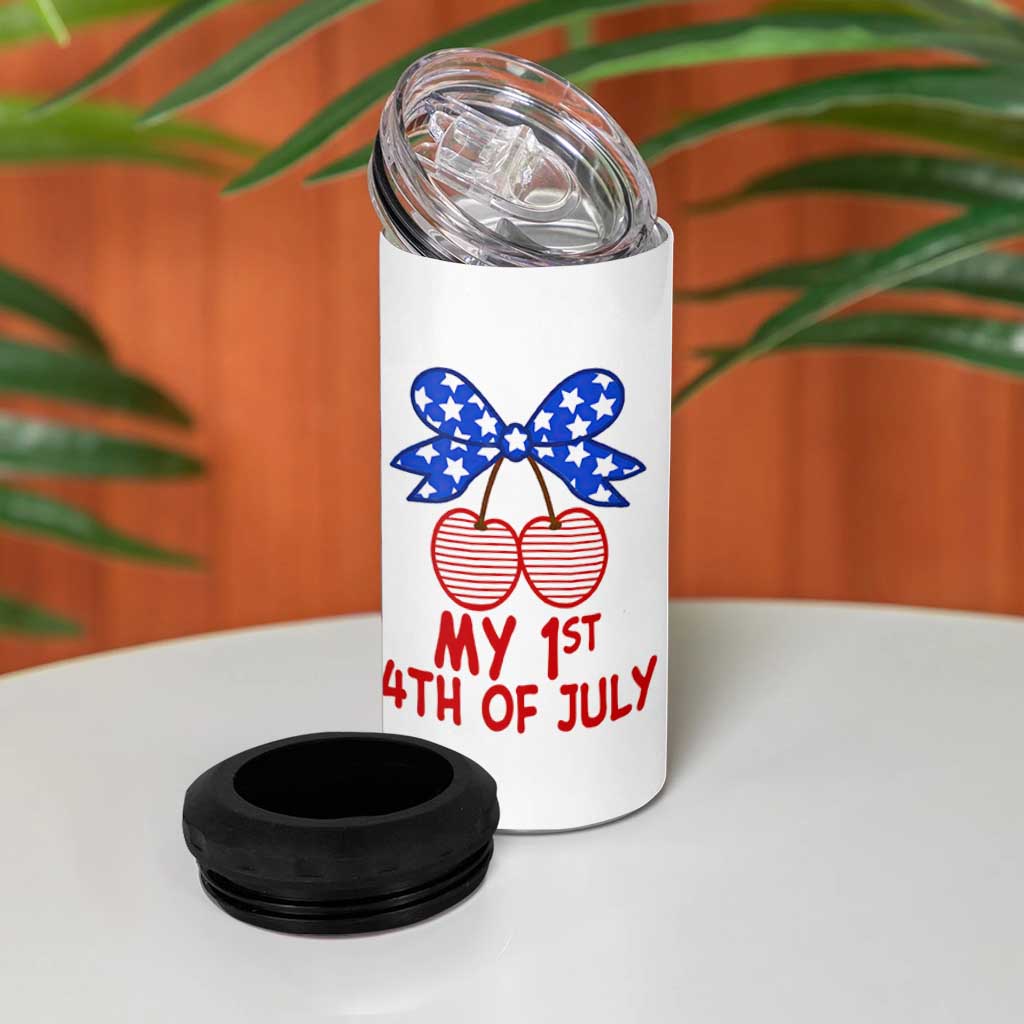 My 1st 4th of July Coquette Bow Striped Cherries 4 in 1 Can Cooler Tumbler Preppy Patriotic Baby Girl Independence Holiday