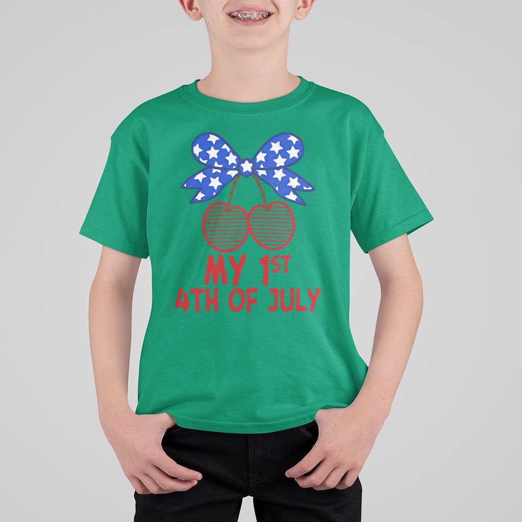 My 1st 4th of July Coquette Bow Striped Cherries T Shirt For Kid Preppy Patriotic Baby Girl Independence Holiday