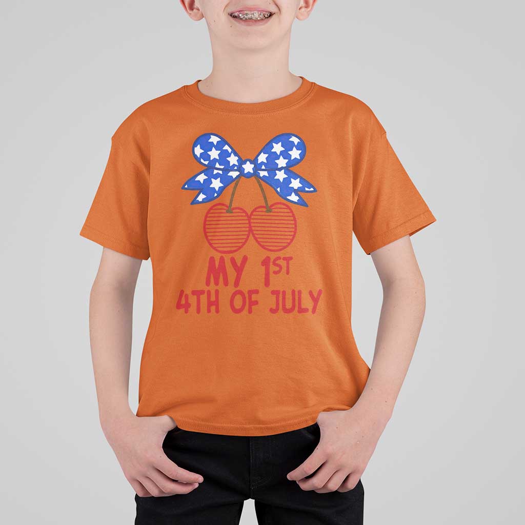 My 1st 4th of July Coquette Bow Striped Cherries T Shirt For Kid Preppy Patriotic Baby Girl Independence Holiday