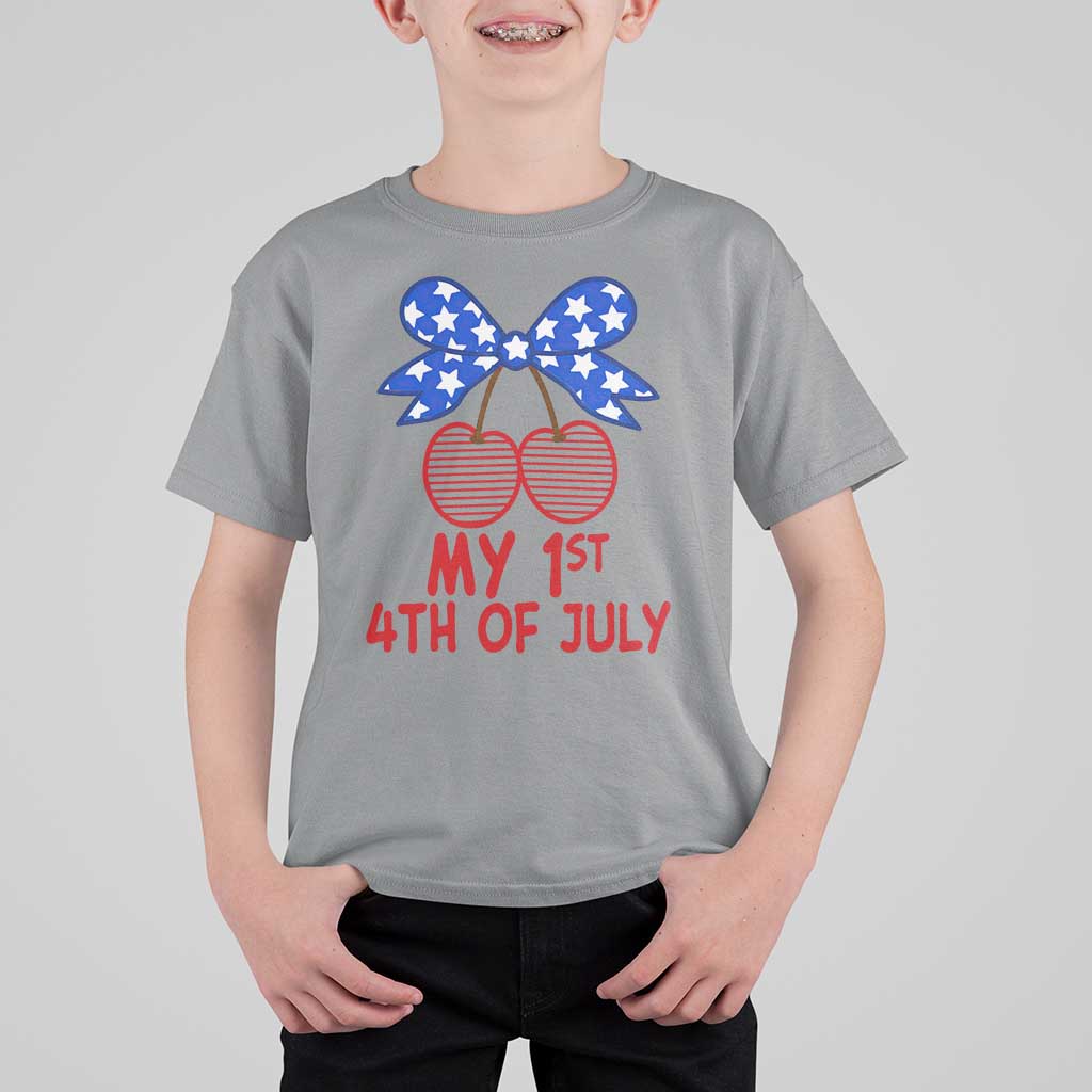 My 1st 4th of July Coquette Bow Striped Cherries T Shirt For Kid Preppy Patriotic Baby Girl Independence Holiday