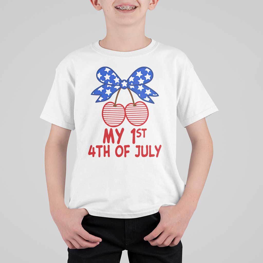 My 1st 4th of July Coquette Bow Striped Cherries T Shirt For Kid Preppy Patriotic Baby Girl Independence Holiday