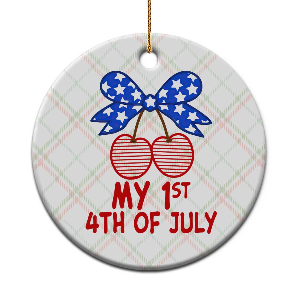 My 1st 4th of July Coquette Bow Striped Cherries Ceramic Ornament Preppy Patriotic Baby Girl Independence Holiday