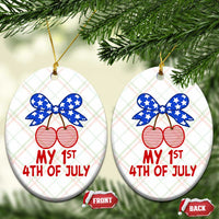 My 1st 4th of July Coquette Bow Striped Cherries Ceramic Ornament Preppy Patriotic Baby Girl Independence Holiday